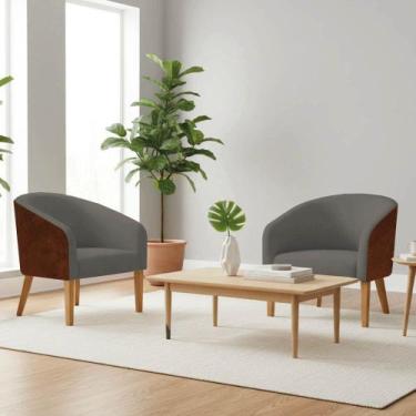 Imagem de Poltrona Sala Kit 2 Stella Pé Madeira Trapézio Sintético PU Nozes Linh