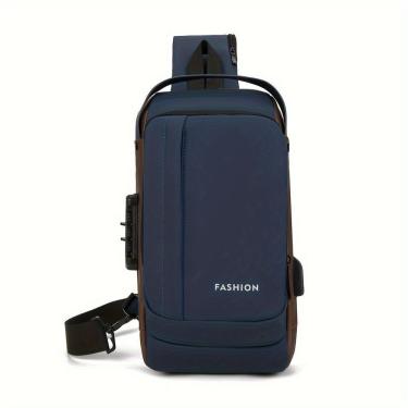 Imagem de Mochila De Peito Masculina à Prova D'água Com Trava De Código Usb Alta Qualidade Cores:azul-1