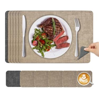 Imagem de KitchenBoss Conjunto de 6 jogos americanos e porta-copos antiderrapantes, tapetes de mesa de jantar, à prova d'água, resistentes ao calor, para mesas de jantar e escrivaninhas, damasco