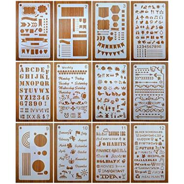 Imagem de Conjunto de estêncil de diários Mengcube, conjunto de estêncil de agenda de diários, 12 unidades para caderno A5 e a maioria dos jornais, inclui estêncil de letras, estêncil de números, estêncil de desenho, ícones, gráficos, formas para Bujo