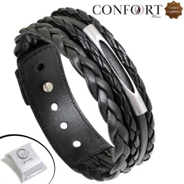 Imagem de Pulseira de Couro Masculina Ajustável Tubinho Trançada Marrom e Preto-Unissex