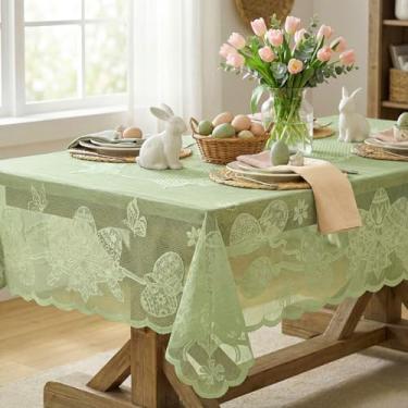 Imagem de Horaldaily Toalha de mesa retangular de renda de Páscoa, 152 × 213 cm, verde bordada, coelho, coelho, ovos, decoração de Páscoa, para festa em casa ao ar livre