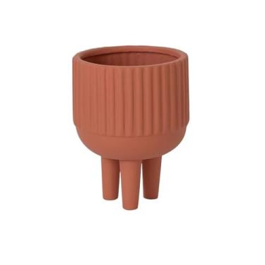 Imagem de Vaso de flores de mesa com três pernas, vaso de flores de cerâmica com textura de linha, para quarto, varanda, jardim, escritório, plantador de contêineres (laranja)