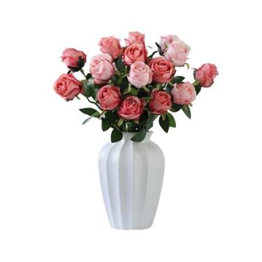Imagem de KEG801302 Peças centrais de mesa de alta qualidade com flores falsas, arranjos de flores decorativos, simulação de rosa, arranjo de flores com decoração de vaso de cerâmica