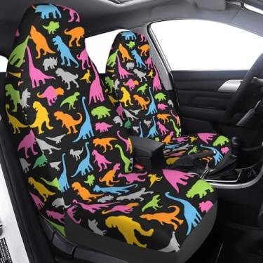 Imagem de FeHuew 2 peças lindas capas de assento de carro coloridas dinossauros apenas assentos dianteiros flexíveis leves universais automáticos protetores de assento acessórios para carros SUV Sedan cadeira