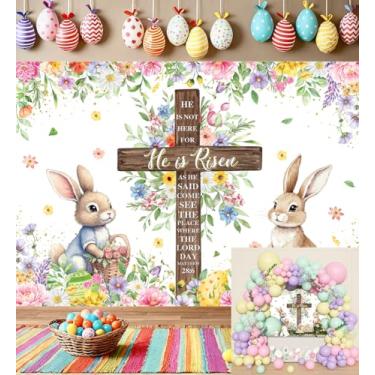 Imagem de Pano de fundo de primavera de Páscoa, decorações de fundo colorido, ovos, coelhos, cruz de Jesus, cenário fotográfico, faixa de festa de Páscoa (240 x 180 cm)