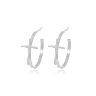 Imagem de Brinco Argola Feminina com Cruz Banhado a Ródio Prateado Moderno - SOU