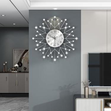 Imagem de JTWALCLOCK Relógio de parede grande para decoração de sala de estar 61 cm grande decorativo prata cristal metal relógio de parede operado por bateria sem tique-taque qualidade quartzo silencioso