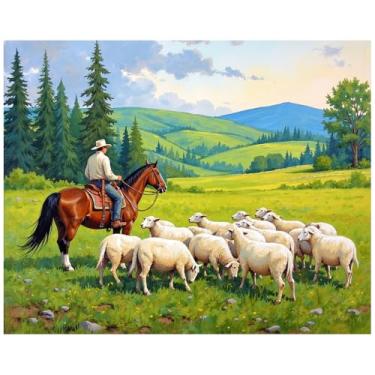 Imagem de Kit de pintura de cowboy por números para adultos – Pintura de rebanho de cavalos e ovelhas em tela, conjunto de tinta acrílica, adequado para iniciantes, arte ocidental para decoração de casa ou