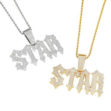 Imagem de RQSP Colar masculino com pingente gelado | Corrente de elos cubanos de ouro e prata de 55 cm com diamante e zircônia brilhante | Presentes de joias hip hop para homens/pais, 22inch, Aço inoxidável