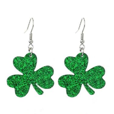 Imagem de Brincos pendentes de dia de São Patrício em acrílico irlandês trevo verde da sorte trevo verde para mulheres meninas joias de férias, Acrílico Zinco, Sem pedra preciosa