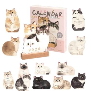 Imagem de Calendário de mesa de gato 2026 para amantes: calendário de mesa com tema de dois lados fofo e engraçado com 12 ilustrações adoráveis mensais, papel grosso