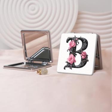 Imagem de Espelho de maquiagem portátil de couro PU retrô europeu com letras florais, mini espelho dobrável de mão dupla face, quadrado para retoque, presente ideal para todas as ocasiões