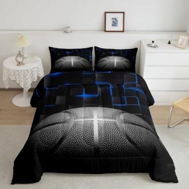 Imagem de jejeloiu Jogo de cama de basquete infantil, para jogos, esportes, jogos de bola, azul e preto, para decoração de quarto, cinza geométrico, macio, com 2 fronhas