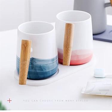 Imagem de THJKUPO Copo de escovação nórdico cabo de madeira enxaguante bucal de cerâmica conjunto de lavagem de casal em casa um par de cilindro de dente