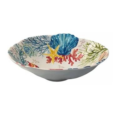 Imagem de Bowl Saladeira de Melamina Branco C/Estampa Marinho Concha do Mar Azul 3,3 Litros 30,5x10,5cm Entrecasa