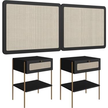 Imagem de Cabeceira Casal Queen 160cm e 2 Mesas Laterais 1 Gaveta Industrial Indy A03 Nero - Lyam Decor