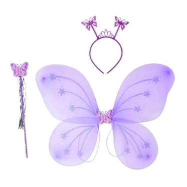 Imagem de Kit Fantasia Infantil de Fada com Asa de Borboleta, Tiara e Varinha Carnaval Festas (Roxo)