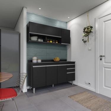 Imagem de Cozinha Compacta Ayla 150cm 6 Portas 2 Gavetas com Tampo Preto Maderatto Móveis