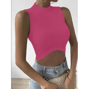 Imagem de Colete De Suéter Cropped Feminino Sem Mangas Com Gola Alta Em Tricô Ca
