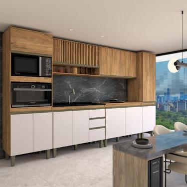 Imagem de Cozinha Completa Modulada 12 Portas 3 Gavetas Ripado Freijó/Off White - Panorama Móveis