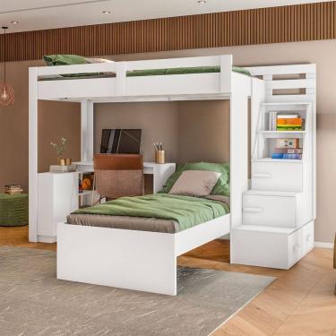 Imagem de Beliche Luare 3 Portas 2 Gavetas com Escada e Escrivaninha Branco - Pnr Móveis