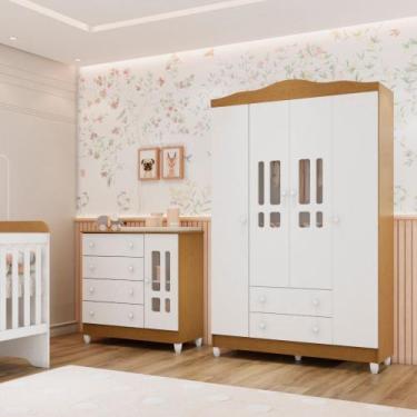 Imagem de Conjunto Quarto Bebê Guarda Roupa Ariel 4 Portas Cômoda 4 Gavetas 1 Po