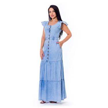 Imagem de Vestido Jeans Longo Com Babados  - Restrito Jeans, 36, Azul claro