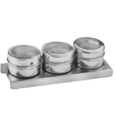 Imagem de Porta-Condimentos Inox e Vidro 3 Peças  - com Suporte Magnético Hauskr
