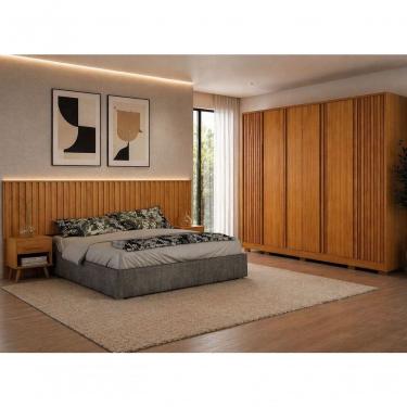 Imagem de Dormitório Casal Completo Ripado Premium em MDF Cinamomo Arbo com Roupeiro e Painel Box