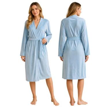 Imagem de Roupão Feminino Robe Kimono Aveludado com Toque de Seda Cor:AzulTamanh