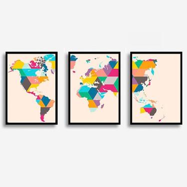 Imagem de Conjunto Quadros Mapa Mundi Colorido Com Moldura e Vidro
