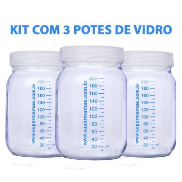 Imagem de Kit com 3 Potes de Vidro para Armazenar Leite Materno 200ml Com Graduação
