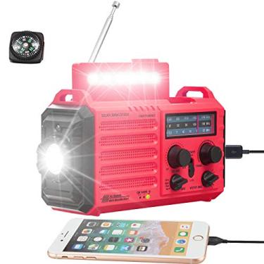 Imagem de Rádio de alerta climático de 5000 mAh, rádio AM/FM/SW/NOAA, manivela solar, rádio de emergência de sobrevivência portátil, bateria recarregável, carregador de celular USB, lanterna de acampamento, alarme SOS, bússola