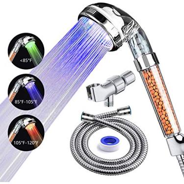 Imagem de PRUGNA Chuveiro de LED com mangueira e suporte de braço de chuveiro, chuveiro portátil com filtro de alta pressão para reparar pele seca e perda de cabelo – mudanças de cor com a temperatura da água