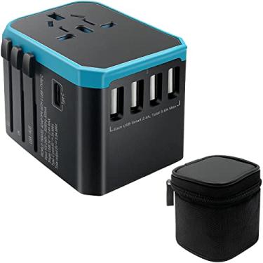 Imagem de Adaptador internacional para viagens, secador de cabelo de dupla voltagem, alisador, adaptador de viagem de ferro de ondulação com 5 carregador USB rápido, tipo C, 8A Worldwide AC Outlet Max 2000W UK US AU Asia 200+ (azul)