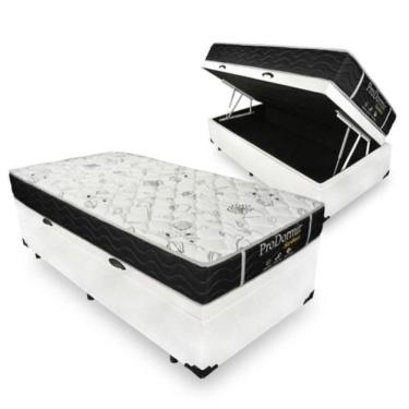 Imagem de Cama Box Baú Solteiro 88 Tecido Sintético Branco com Colchão De Molas - Probel Sleep Black