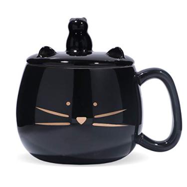 Imagem de Koolkatkoo Caneca de café de gato fofo com tampa de suporte de celular - Xícara de porcelana de chá de cerâmica exclusiva para amantes de gatos - Presente preto dourado para mulheres