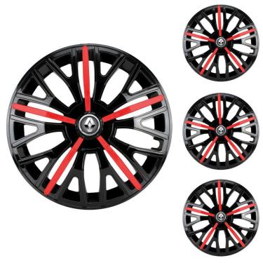 Imagem de Jogo Calota Aro 14 Triton Sport Black Red Elitte Preto Vermelho + Emblema Resinado Renault (Sandero Logan Clio Scenic Megane Kwid)