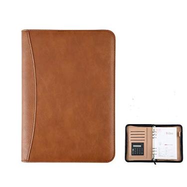 Imagem de Yajun Pasta de conferência com bolsa com zíper diário caderno e fichário espiral com calculadora caderno organizador de documentos comerciais, marrom