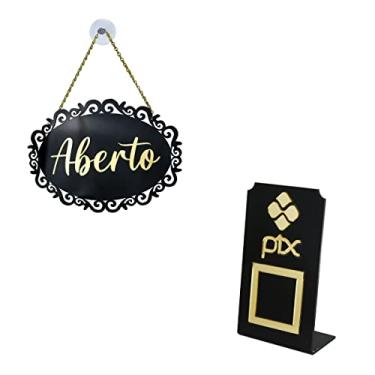 Imagem de Kit Placa Aberto/Fechado Retrô + Display Pix Qr-Code Acrílico 15x9cm Preto/Dourado