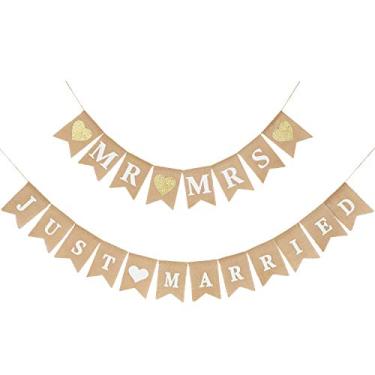Imagem de 2 peças Mr. and Mrs Banner Just Married Banner Burlap Banner Casamento Noiva Bandeira de Chuveiro Rustic Bunting Garland para Festa de Casamento