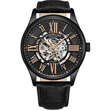 Imagem de Stuhrling Original Relógio mecânico masculino com esqueleto de átrio automático com pulseira de couro premium, Preto