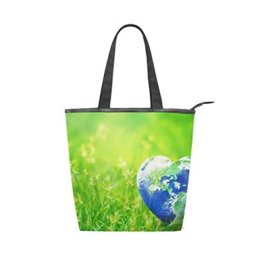 Imagem de Bolsa feminina de lona durável verde grama terra coração grande capacidade sacola de compras bolsa de ombro