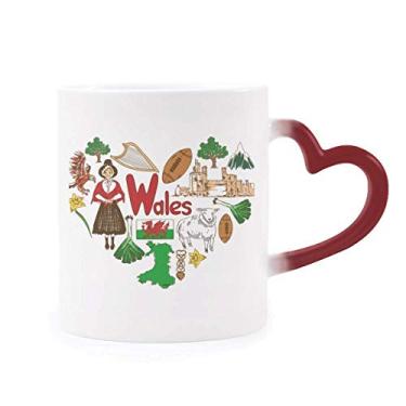 Imagem de Caneca Wales Love Heart UK Landscap Bandeira nacional sensível ao calor Caneca vermelha que muda de cor