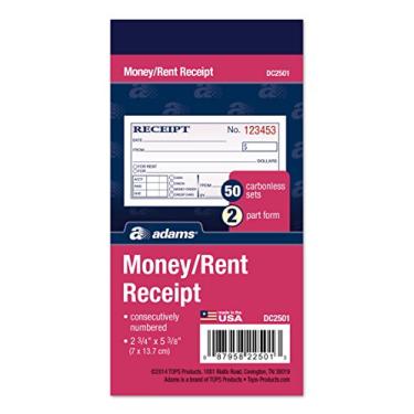 Imagem de Adams Recibo de dinheiro e aluguel, 6,9 x 13,9 cm, 2 peças, sem carbono, branco/canário, 50 conjuntos por livro, 3 livros (DC2501-3)