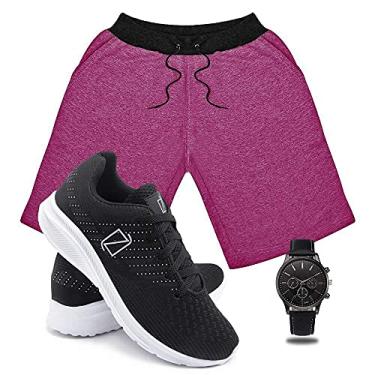 Imagem de Conjunto Bermuda Moletom Masculina + Tenis Masculino Academia Ultra Conforto + Relógio Ponteiro - Rosa-PretoBranco/P-39