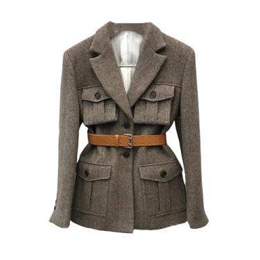 Imagem de Casaco feminino vintage com bolsos emendados, blazers de lã, casaco solto com design desmanchado, Café, XXG
