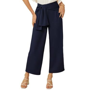 Imagem de GRACE KARIN 2024 Calça feminina de cintura alta para mulheres calças elegantes de perna larga calça casual de negócios com gravata frontal, Azul marinho, GG