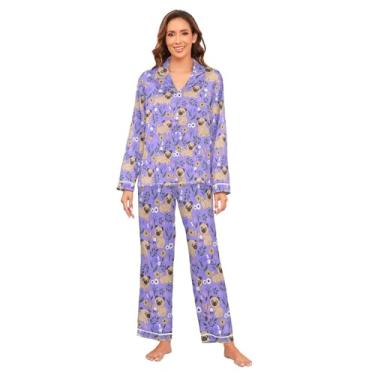 Imagem de KLL Pugs Conjunto de pijama moderno roxo feminino macio manga longa cetim conjunto de pijama para casamento festa do pijama longo, Pugs Flores Roxas Modernas, G